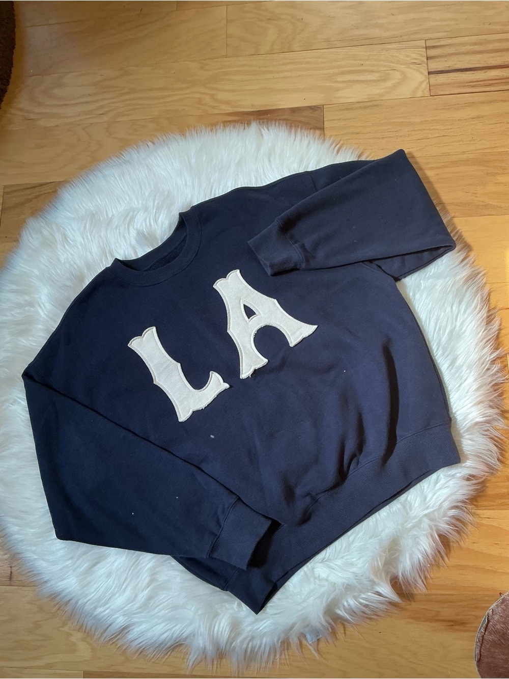 PacSun Navy Crewneck Fleece Lined Sweatshirt with Cream LA Appliqué Size Small